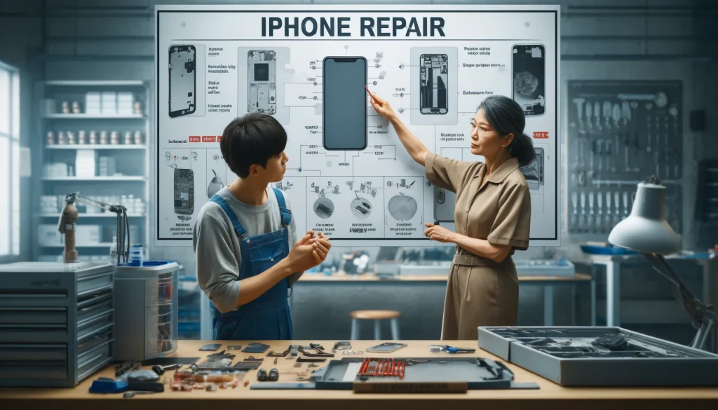 「iPhone修理ワークショップで、成功するための重要なポイントを強調する情報的なシーン。成熟したアジア系女性技術者が見習いにiPhone修理の重要な側面を説明しており、彼女はステップとベストプラクティスを概説する壁の大きな図表を指している。ワークショップには、整然と配置された様々なツールやコンポーネントが装備されており、iPhone修理に対する構造化された詳細志向のアプローチを強調。環境は学習と技術的なタスクの精度を育むものである。」